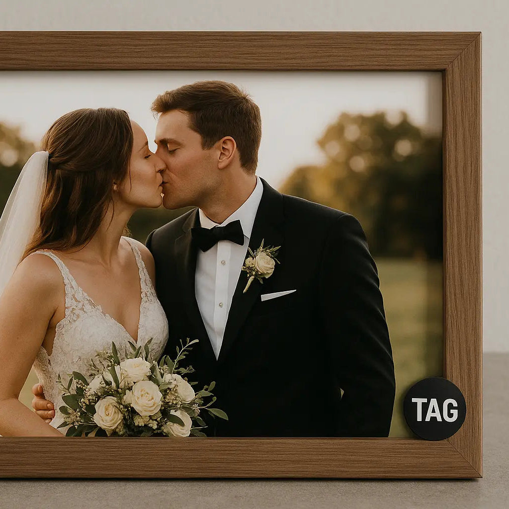 Eingerahmtes Hochzeitsbild mit MemoryTag an der rechten unteren Ecke
