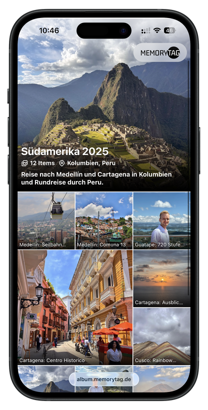 iPhone mit MemoryTag Oberfläche der Galerie "Südamerika 2025"