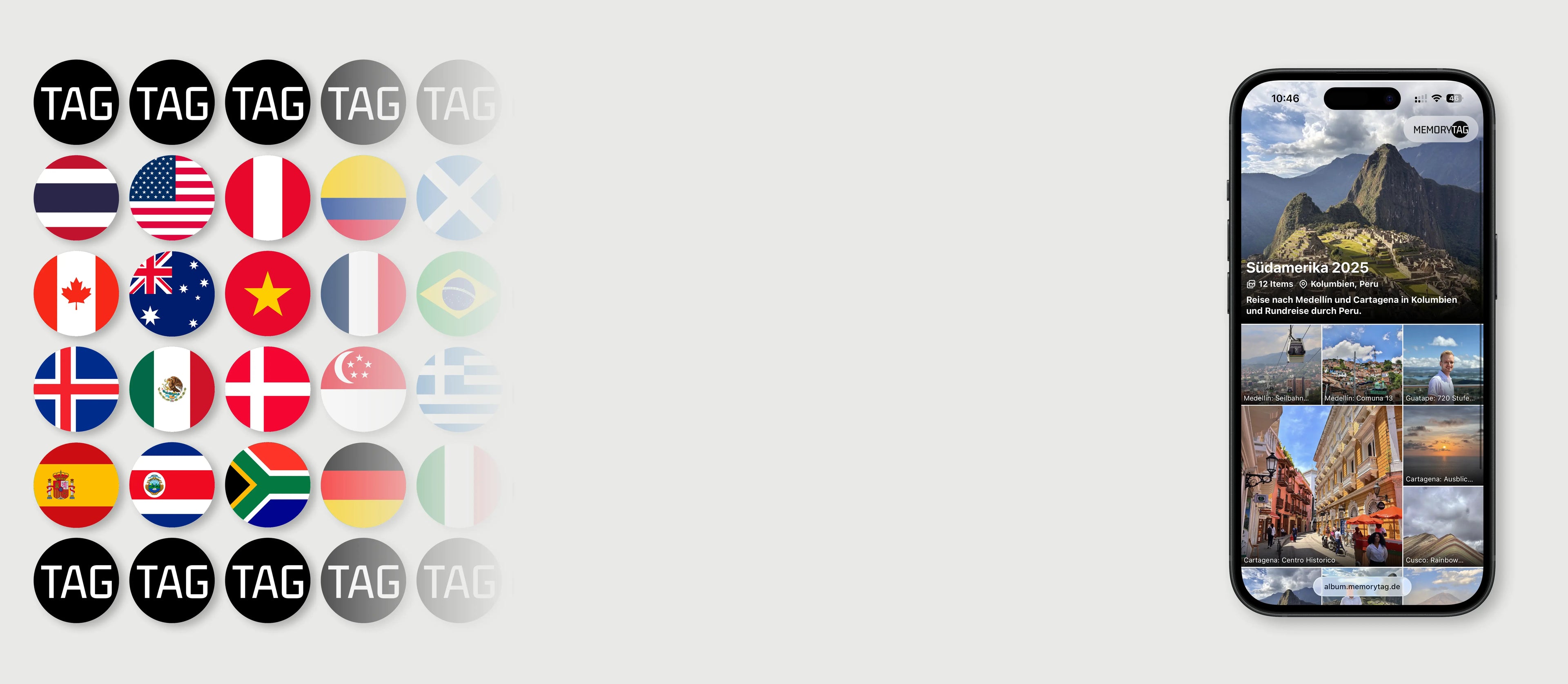 Verschiedene MemoryTags auf der linken Seite und iPhone mit MemoryTag Oberfläche auf der rechten Seite