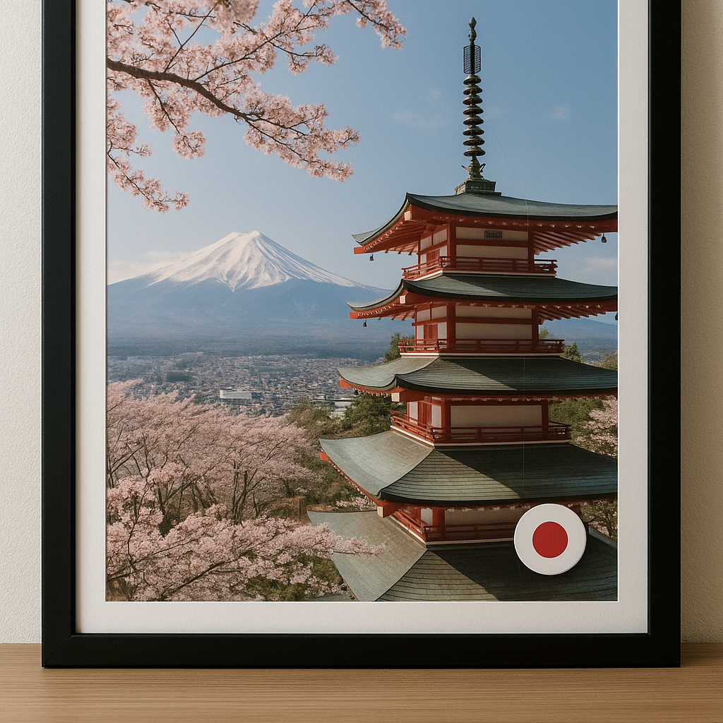 Eingerahmtes Bild von Japan mit japanischem MemoryTag Flags in der rechten unteren Ecke
